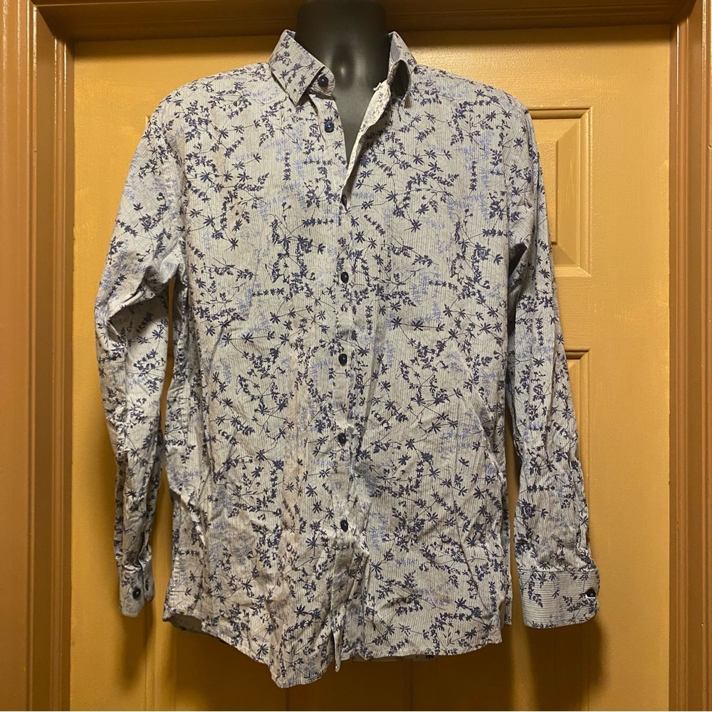 Mens Steel & Jelly print button down casual shirt blue white retro design sz XL
